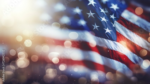 Closeup of United States of America flag with bokeh effect