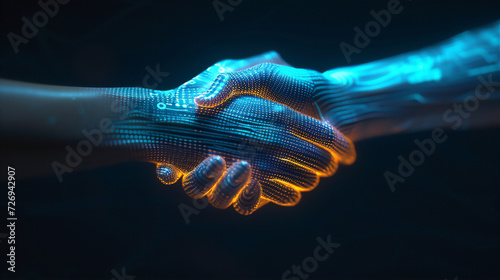  handshake of the person hand with an hologram hand