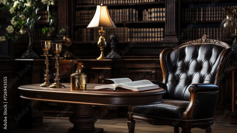 A strong, massive chair and an expensive wooden table in a luxuriously furnished room. A strong, massive chair and an expensive wooden table in a luxuriously furnished room.
