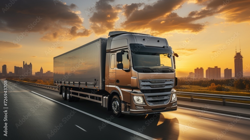 Large truck on the highway at sunset.