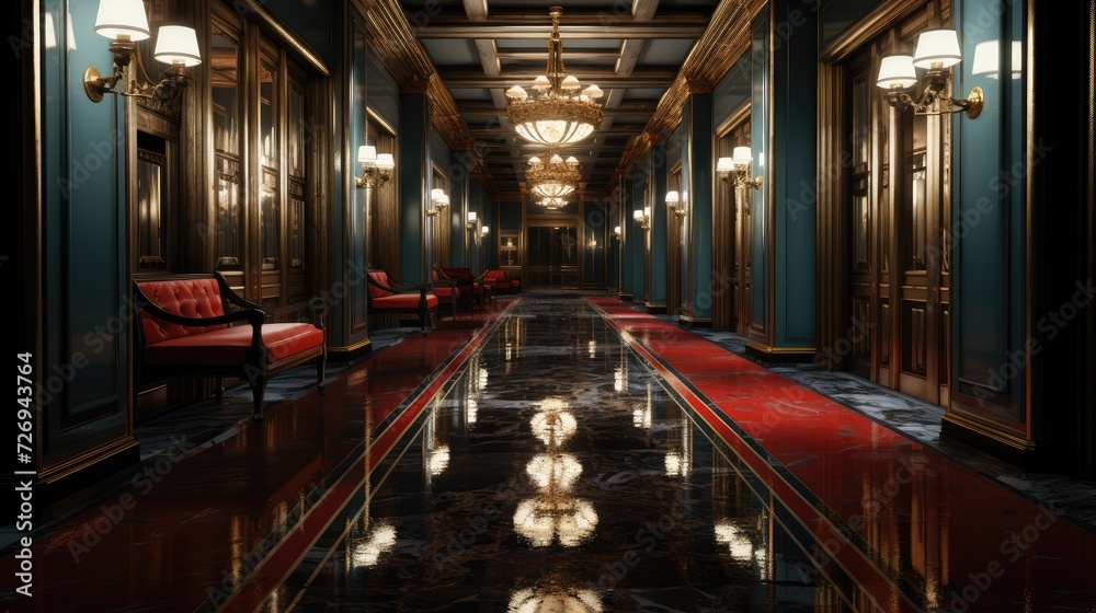 An elegant hotel hallway with marble floors, crystal chandeliers and easy chairs.