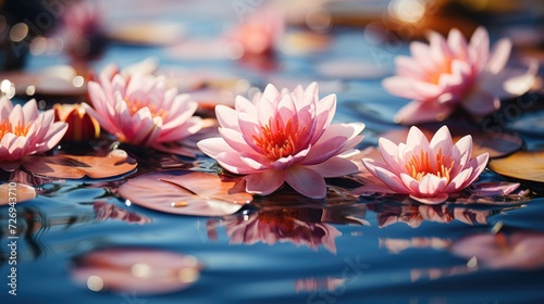 Group of Pink Water Lilies Floating on Lake