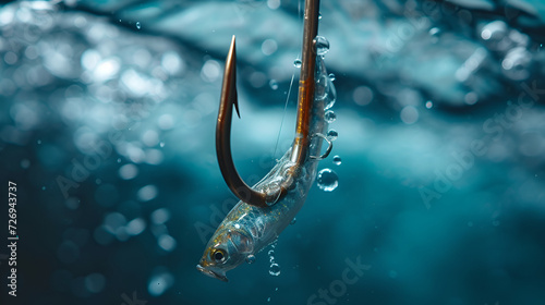 Fishing. Close-up shut of a fish hook under water, generative ai photo