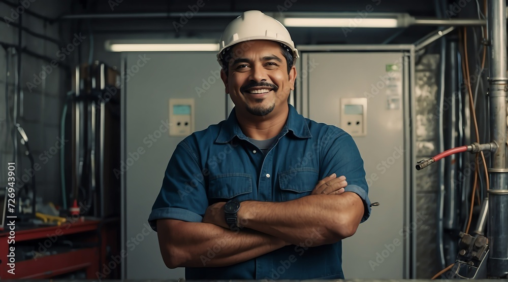 Naklejka premium Plumber or electrician hispanic guy with arms crossed smiling at camera from Generative AI