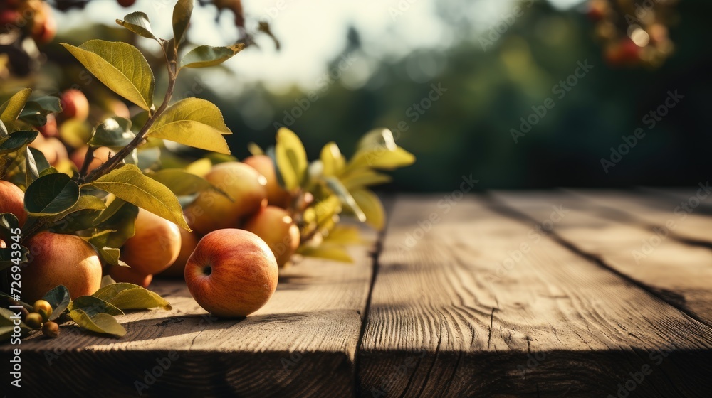 Red appetizing apples lie on a wooden table. - obrazy, fototapety, plakaty 