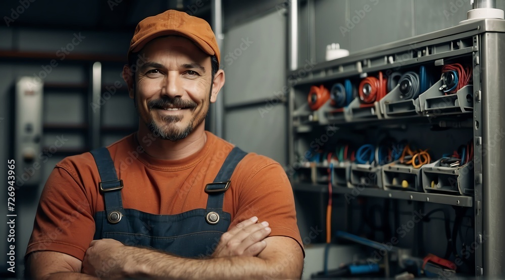 Plumber or electrician guy with arms crossed smiling at camera from Generative AI Plumber or electrician guy with arms crossed smiling at camera from Generative AI