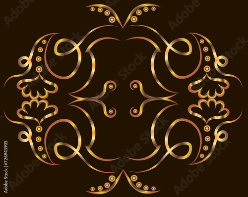 Graphic fantasy ornament with swirls, concentric circles and leaves. Gold gradient on a black background for printing on fabric, applique and cards.