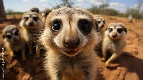 Close-up of a mischievous meerkat on a field.
