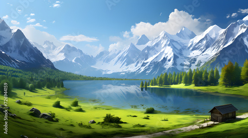 Epic Untouched Beauty: A Panoramic Landscape of a Tranquil Lake in a Mountainous Valley