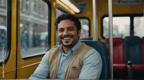 Happy smiling employee hispanic man sitting on a bus looking at the camera, riding a public transportation from Generative AI