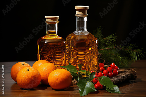Delicious tangerine liqueur and fresh fruits on grey table for refreshing summer drink concept