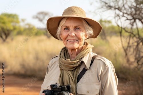 Portrait of a senior woman with camera in the savannah.