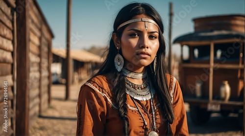 Beautiful native indian young woman at wild west in a town from Generative AI