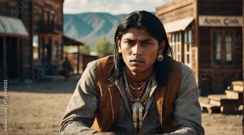 Beautiful native indian young man at wild west in a town from Generative AI photo