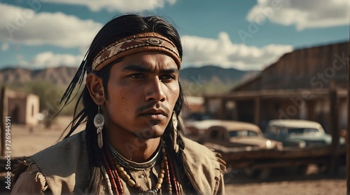 Beautiful native indian young man at wild west in a town from Generative AI