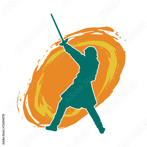 Silhouette of a female fighter in action pose carrying sword weapon.