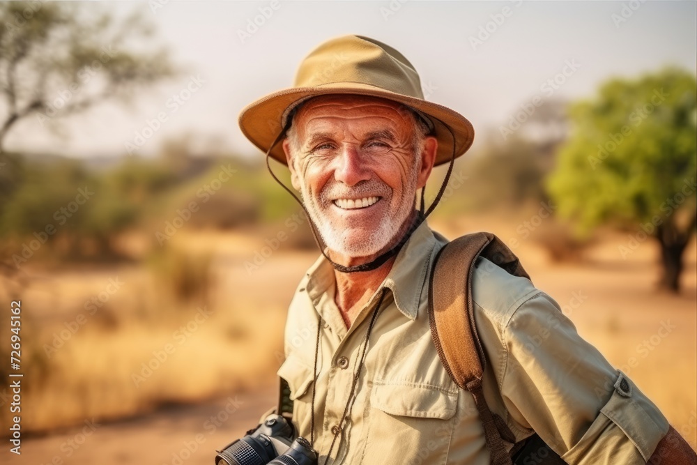 Senior man in safari outfit with backpack and binoculars looking at camera Senior man in safari outfit with backpack and binoculars looking at camera