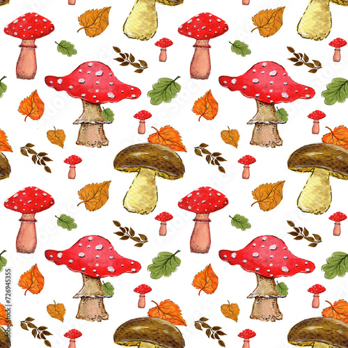 Seamless pattern with mushrooms, plants, berries. Vibrant hand drawn botanical watercolor illustration. Suitable for textiles, packaging, covers.