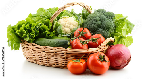 raw vegetables in wicker basket isolated on white background, generative ai