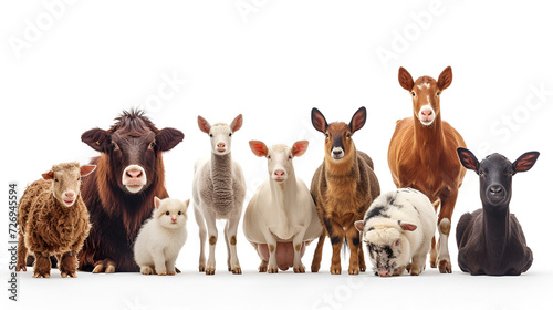 Variety of farm animals in front of white background, generative ai photo