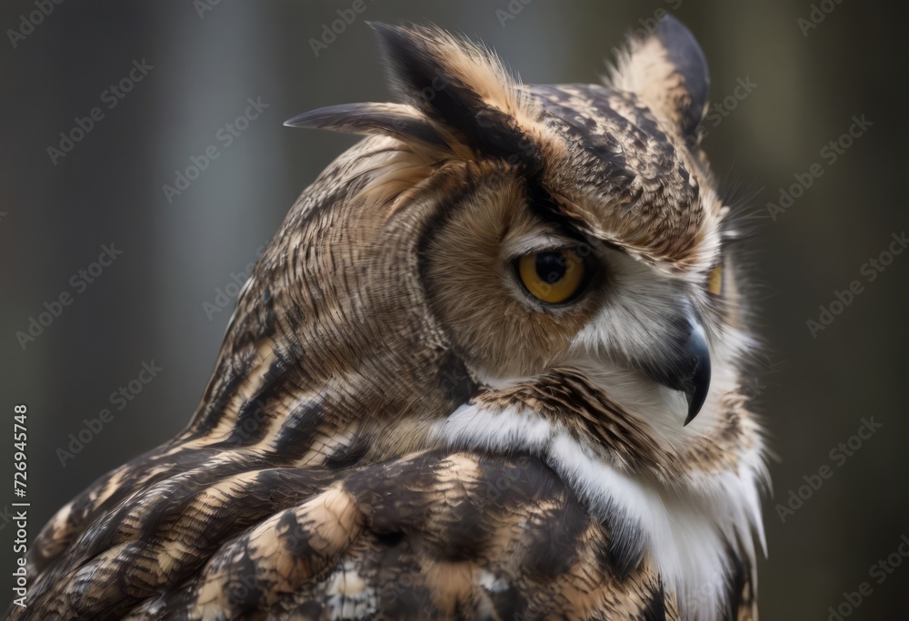 Fototapeta premium An Eurasian Eagle Owl staring at something out of shot in a woodland setting.