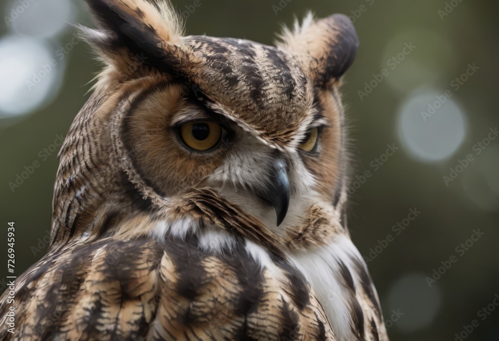 Fototapeta premium An Eurasian Eagle Owl staring at something out of shot in a woodland setting.