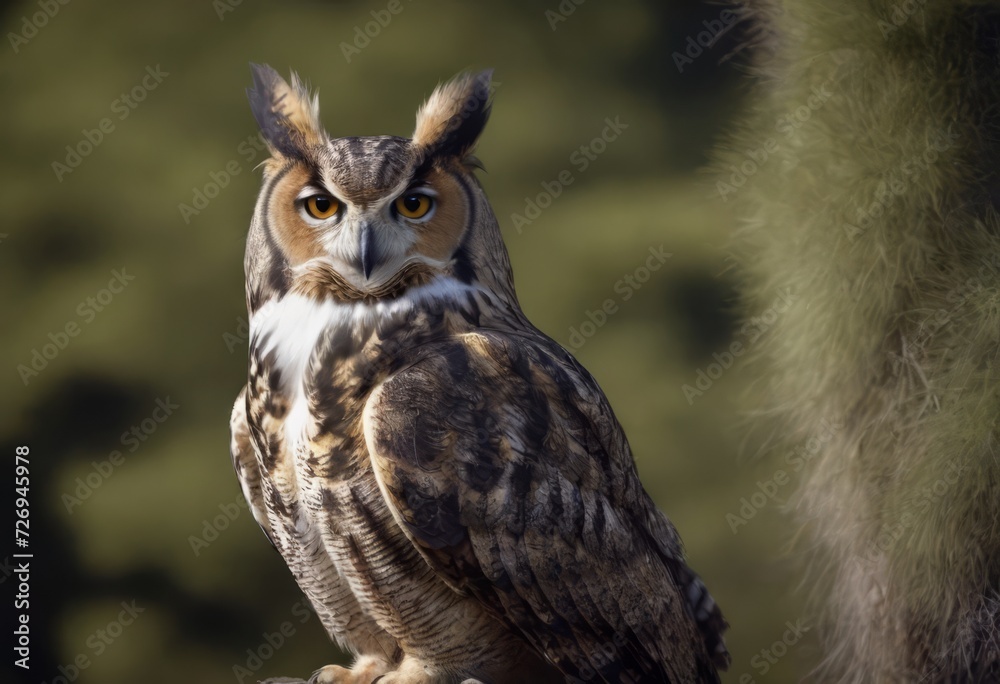 An Eurasian Eagle Owl staring at something out of shot in a woodland setting. An Eurasian Eagle Owl staring at something out of shot in a woodland setting.