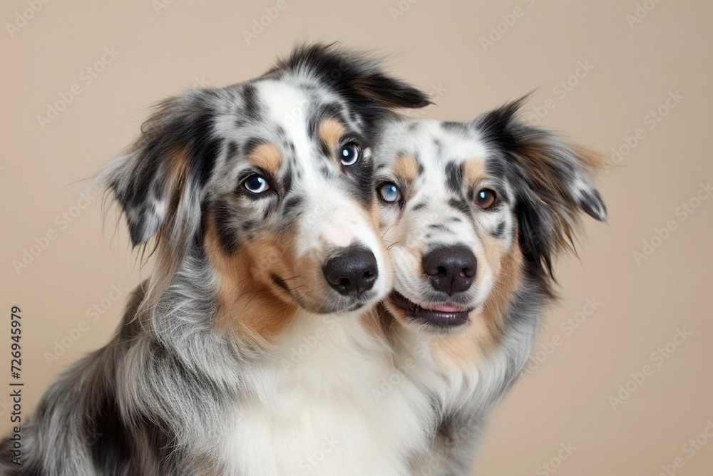 studio portrait of two dogs hugging. happy  blue merle australian shepherd on beige background. Love, relationship, funny