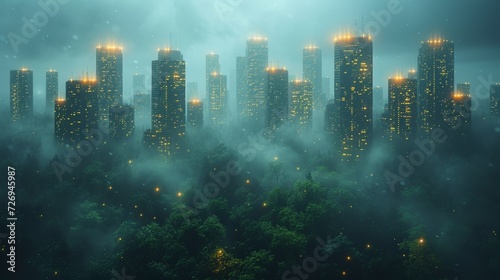 Foggy city in the night. 3d render illustration. - Generative AI