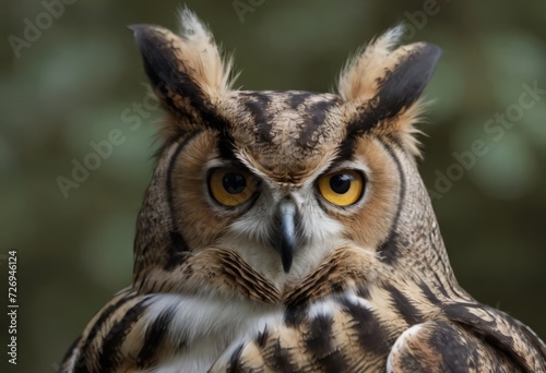 An Eurasian Eagle Owl staring at something out of shot in a woodland setting. © Василенко Татьяна