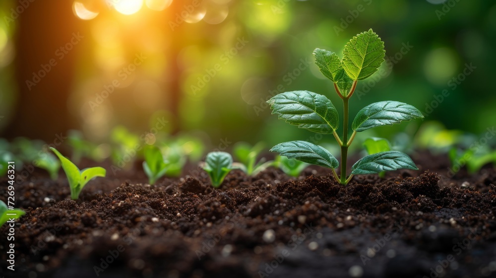 Green seedling growing in soil on blurred nature background, Ecology concept - Generative AI Green seedling growing in soil on blurred nature background, Ecology concept - Generative AI