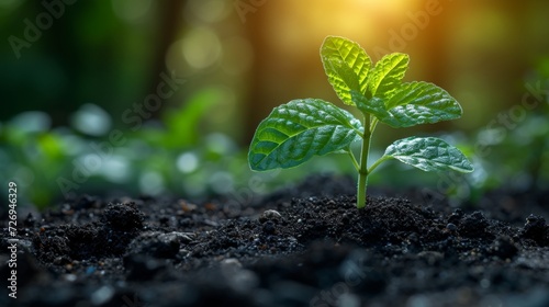 Plant seedling growing on fertile soil with green bokeh background - Generative AI