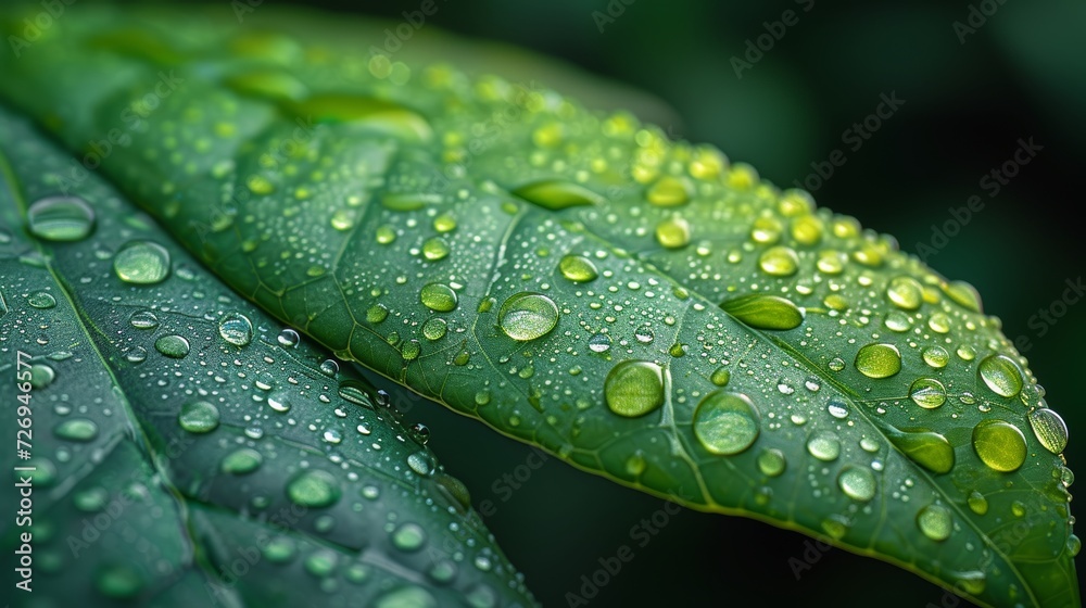 Macro closeup of Beautiful fresh green leaf with drop of water nature background. - Generative AI Macro closeup of Beautiful fresh green leaf with drop of water nature background. - Generative AI