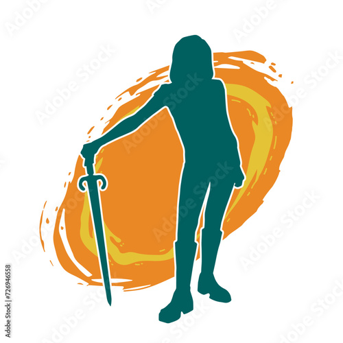 Silhouette of a female fighter in action pose carrying sword weapon.