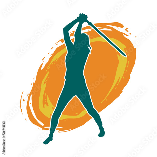 Silhouette of a female fighter in action pose carrying sword weapon.