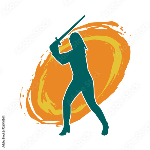 Silhouette of a female fighter in action pose carrying sword weapon.