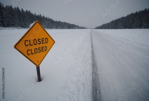 Road Closed sign placed beside a snow covered road on a cold witer day photo