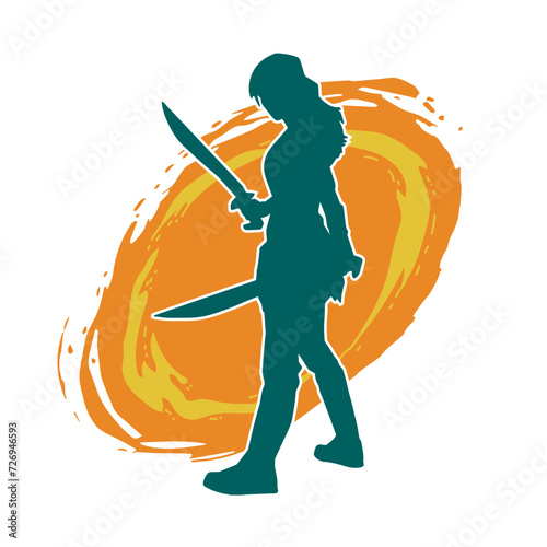 Silhouette of a female fighter in action pose carrying sword weapon.