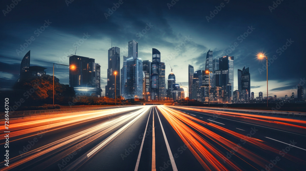 Fototapeta premium Highway With Bright Lights, Night Route With Blurred Car Lights - Long Exposure Photography