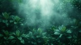 3d rendering of green leaves on dark background with light beam and fog - Generative AI