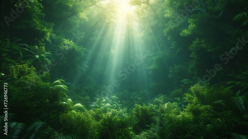 Beautiful tropical forest with sun rays and lens flare. 3d render - Generative AI