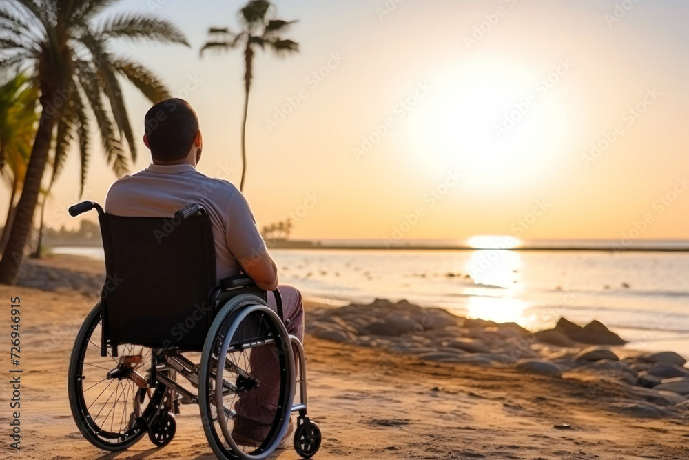 Man in Wheelchair Watching Beach Sunset