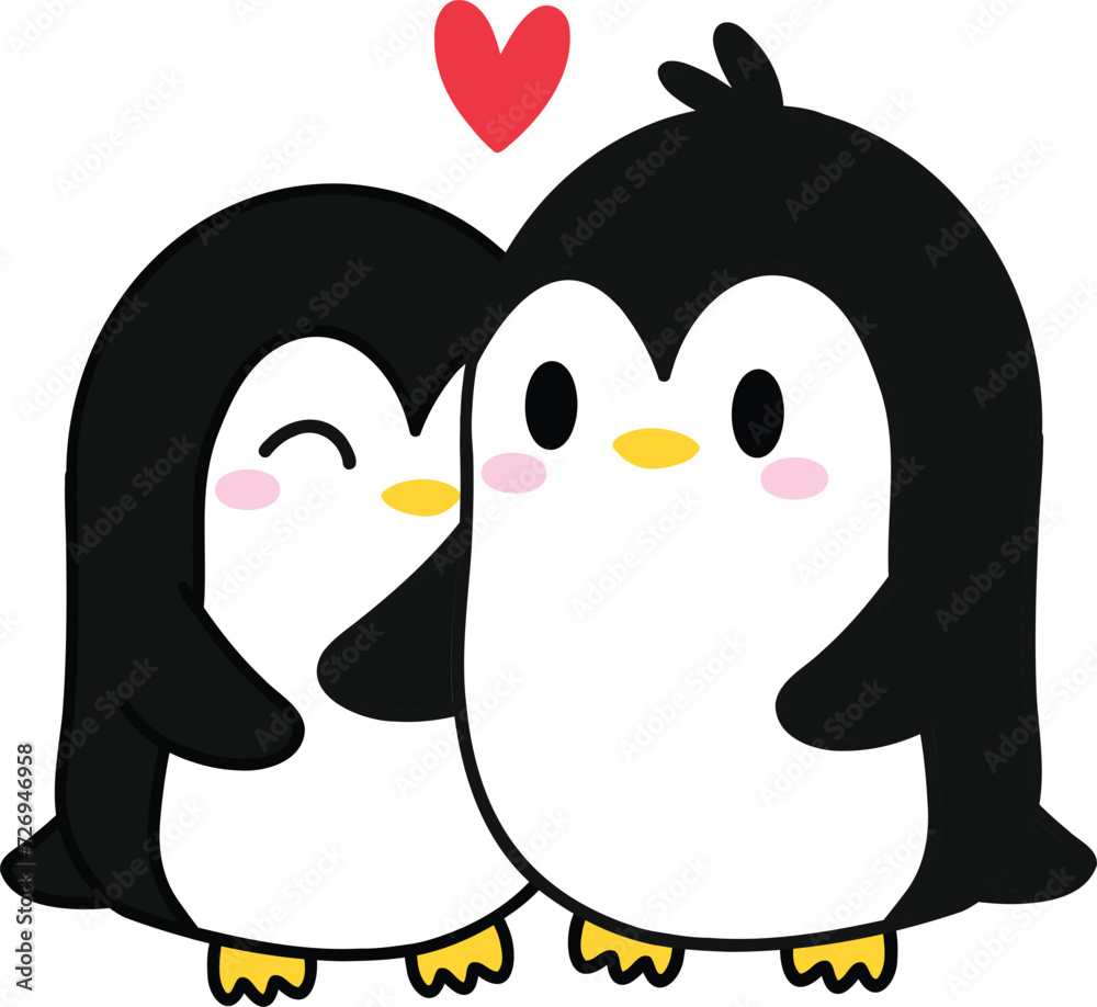 Fototapeta premium Penguin Couple in Love, Hand Drawn, and Cartoon Illustration