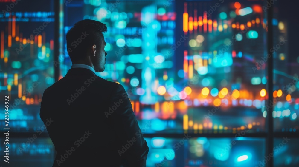 Silhouette of a businessman in an office against a skyscraper background. Investment business and leadership concept