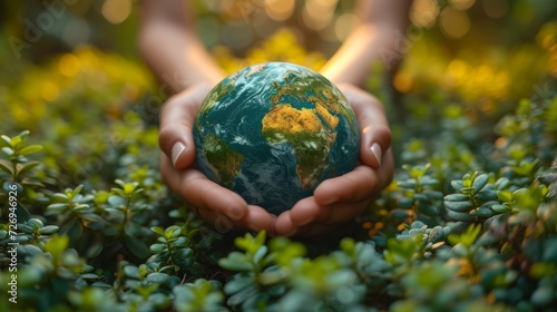 Human hands holding earth globe on nature background. Save earth concept. - Generative AI