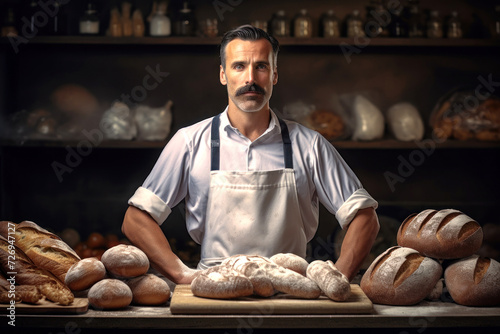 Male Baker Standing in Front of Bread-Filled Table