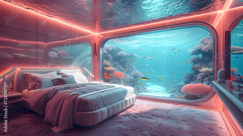 A bedroom with a large bed is underwater, surrounded by pink coral and fish swimming around.