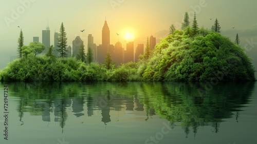 Landscape with lake and skyscrapers at sunset. illustration. - Generative AI