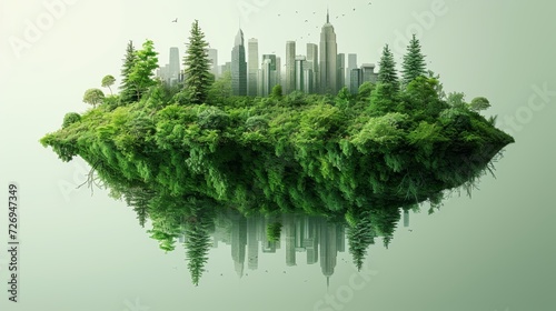 Green island with trees and skyscrapers in the background. 3d rendering - Generative AI