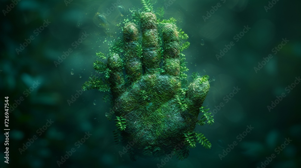 3D rendering of a human hand covered with moss with a blurred background - Generative AI